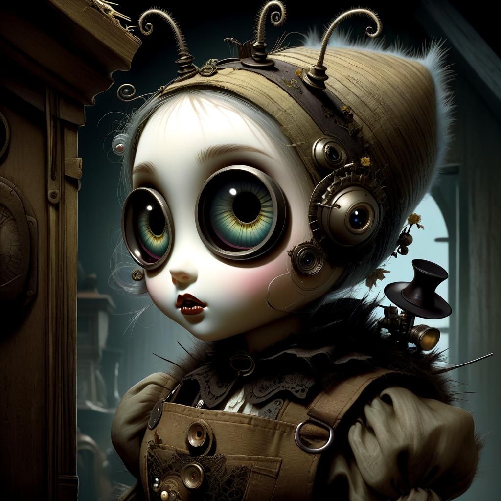 Creepy Cute Doll with Caterpillar in Attic Illustration