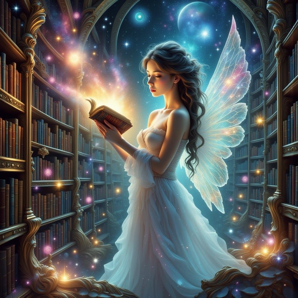 Angel Amidst Celestial Library in Ethereal Splendor