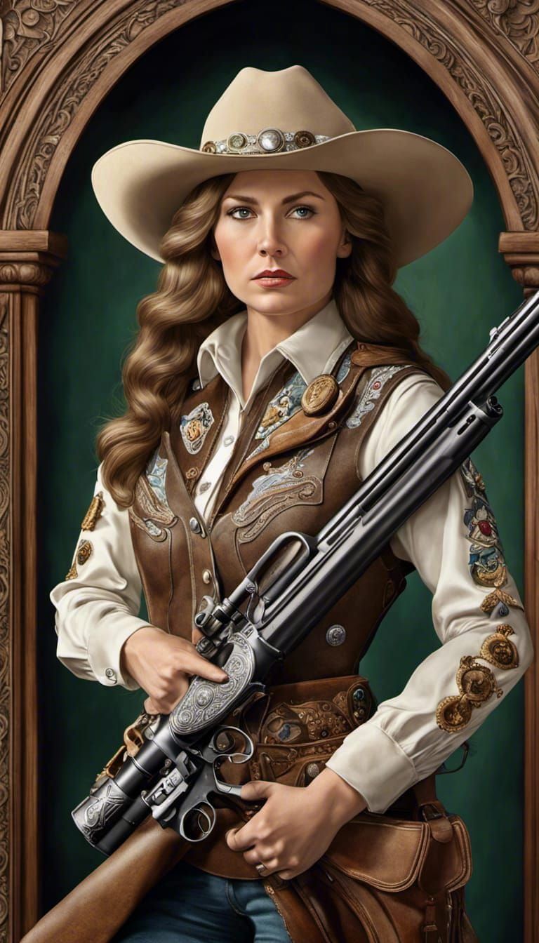 Annie Oakley, holding a rifle