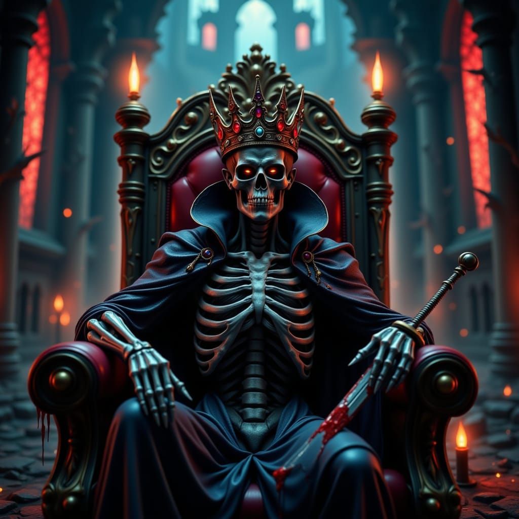 Skeleton King on Throne in Gothic Castle