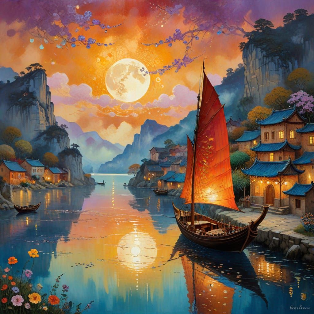 Ancient Chinese Junk Sails into a Vibrant Sunset