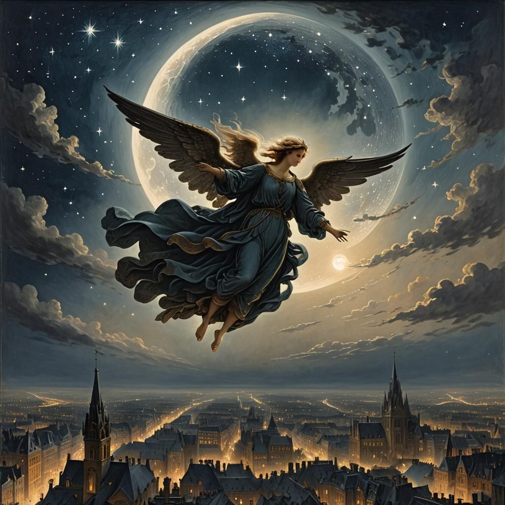 Angel Over City Lights in Dore Style