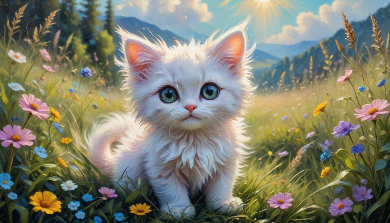 Fairy Kitten Sits in Sunny Meadow