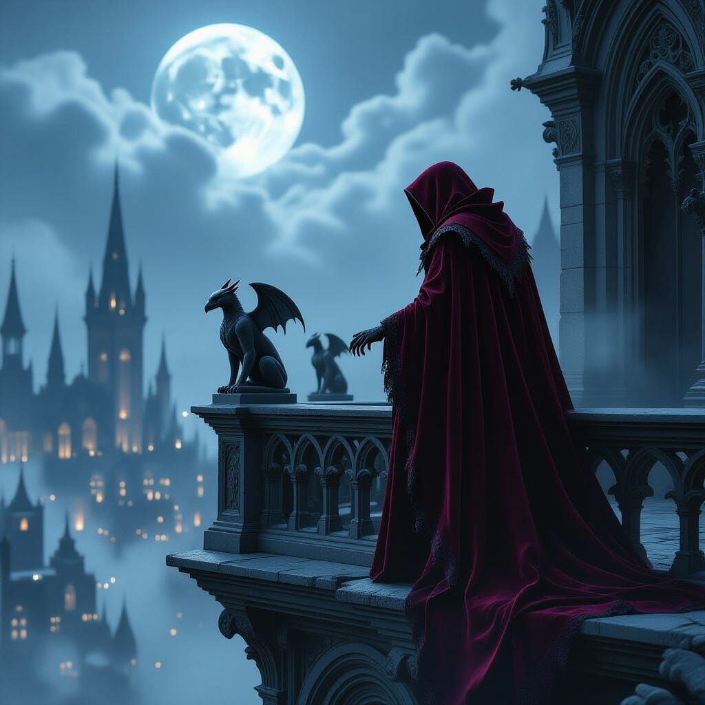 Ancient Vampire on Gothic Balcony Overlooking Misty Cityscap...
