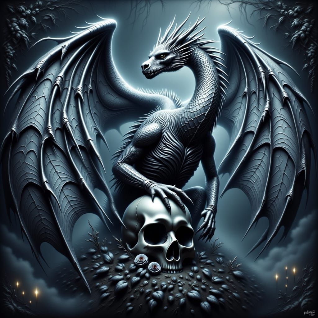 Silver Dragon Soaring Above Ornate Skull