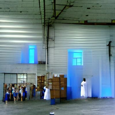 Ethereal Figures Gather at Modern Blue Warehouse