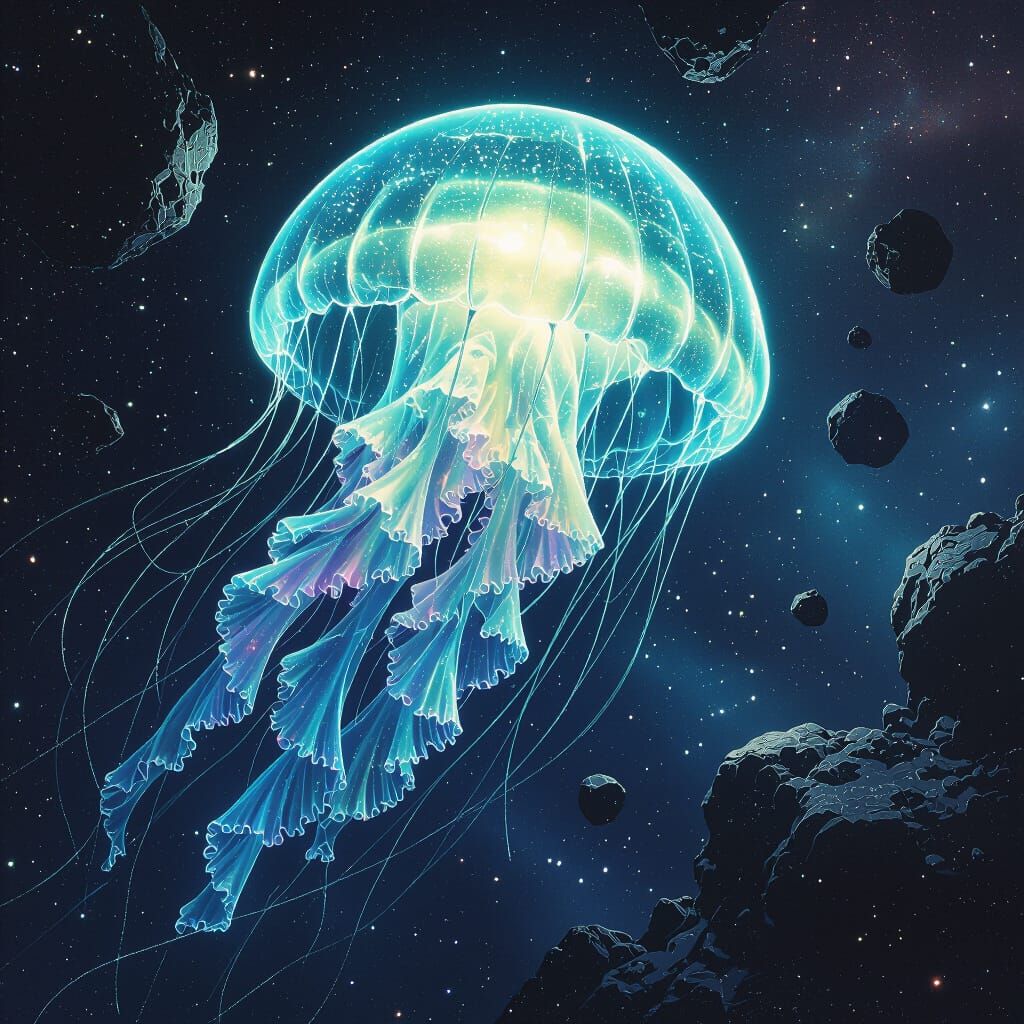 Bioluminescent Jellyfish Drifting Through Deep Space