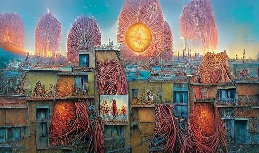 Illuminated Sci-Fi Cityscape with Atomic Elements