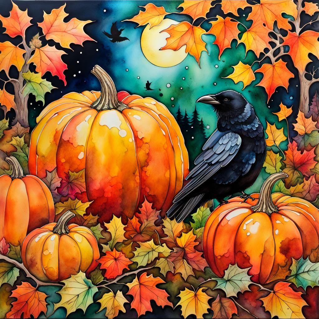 Crow in Pumpkin Patch Alcohol Ink Painting
