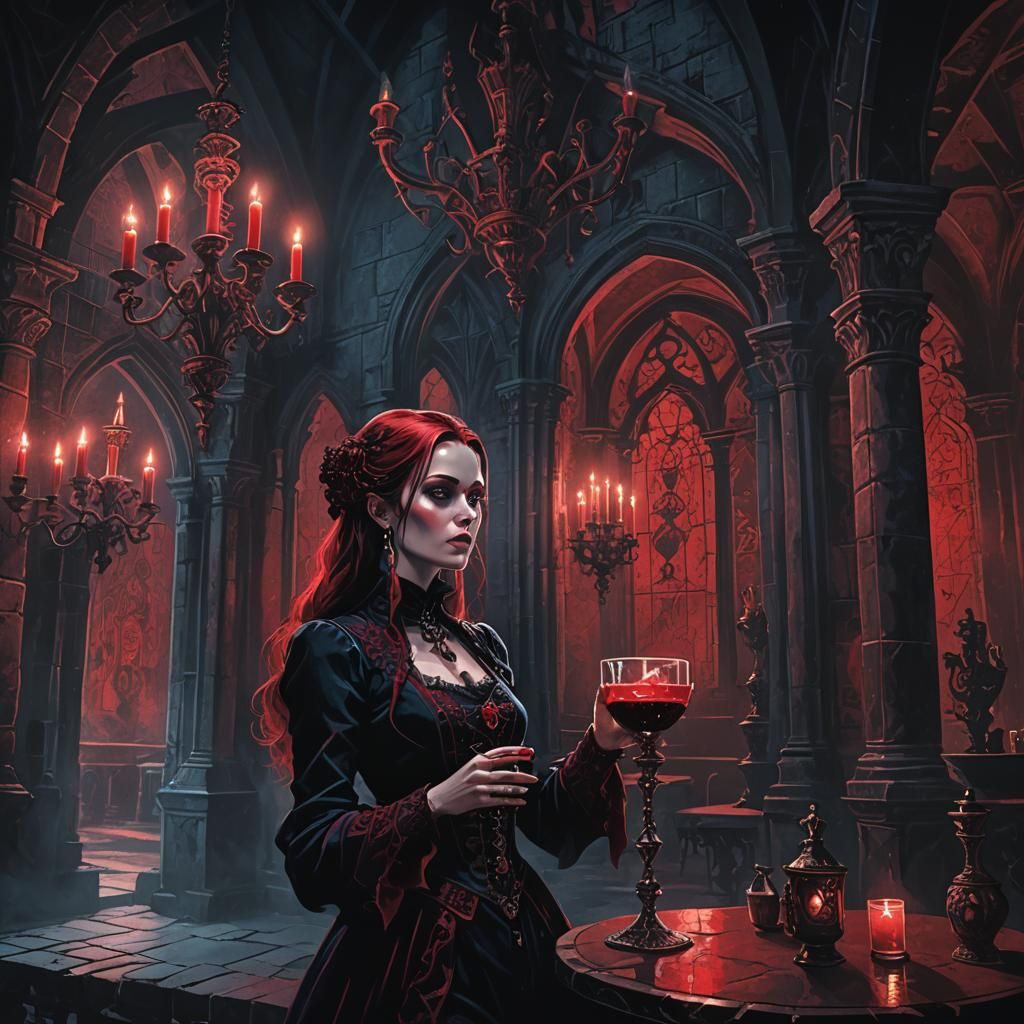 Gothic Fantasy Woman in Dimly Lit Chamber