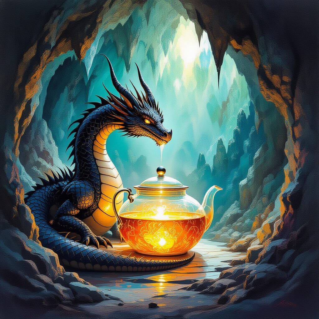 Obsidian Dragon Guards Glowing Teapot in Crystal Cavern