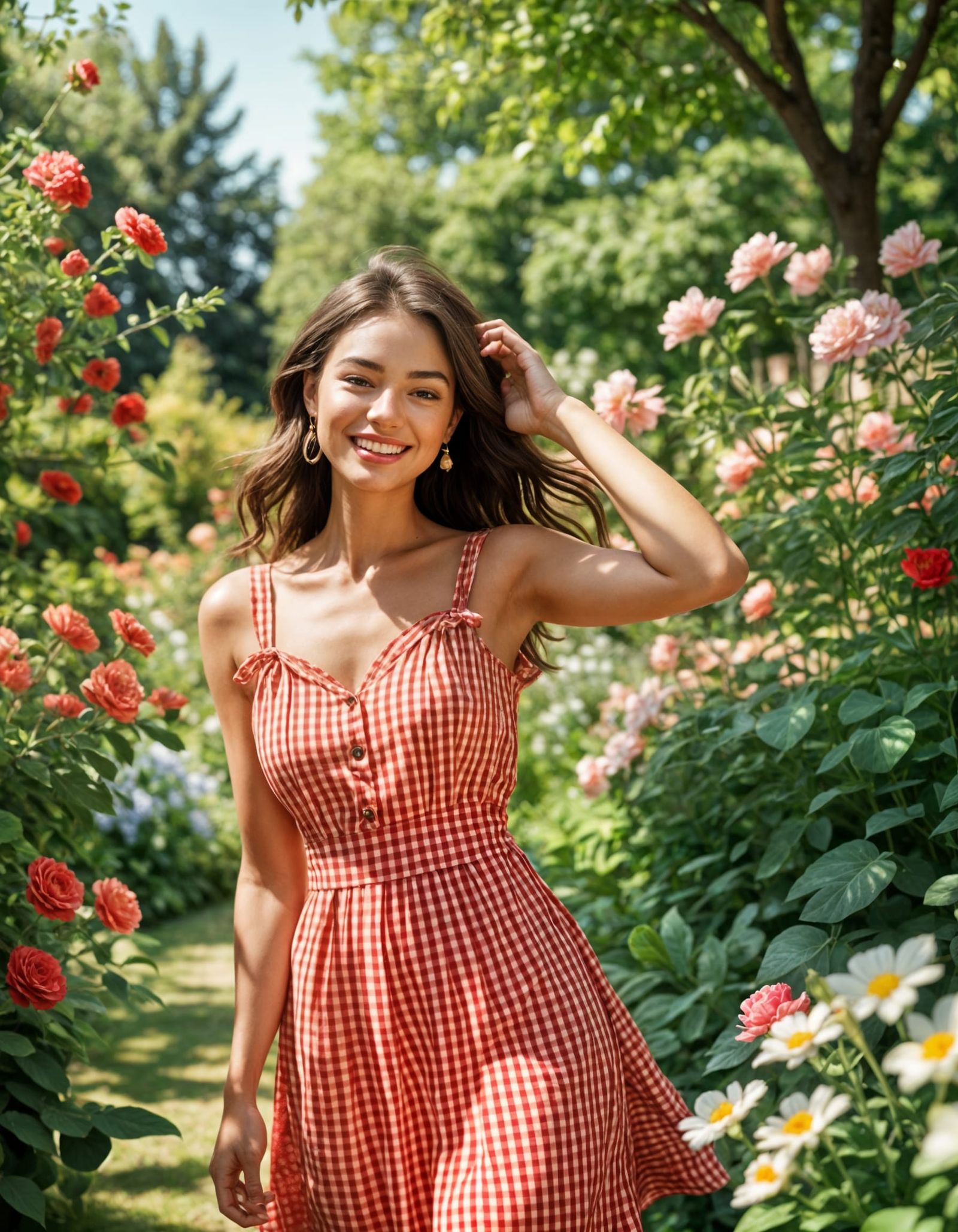 Sensual Red Gingham Dress in a Flowery Garden