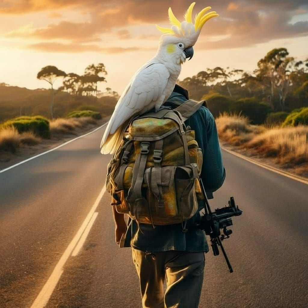 Hyperrealistic Hippie with Machine Gun and Cockatoo