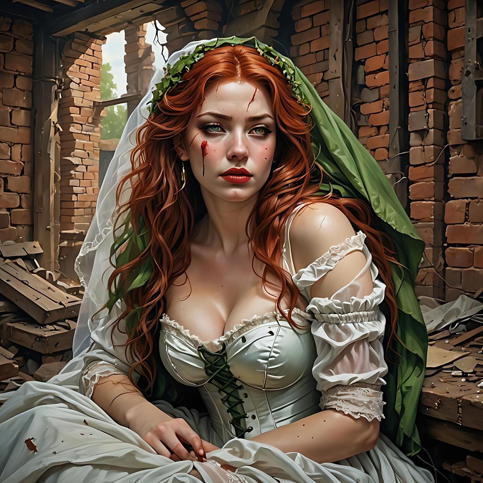 Post-Apocalyptic Beauty in Ruined House: Acrylic Painting