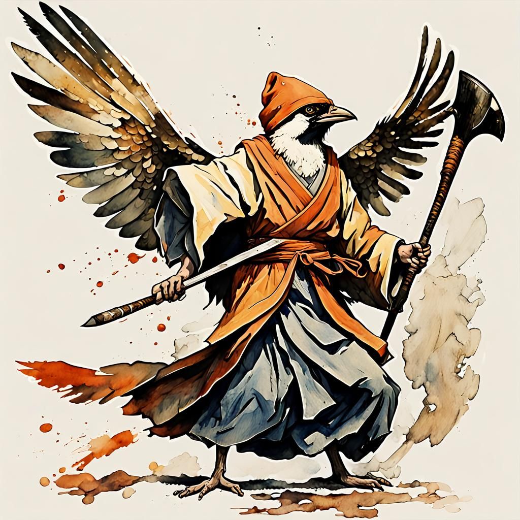 Sparrow Aarakocra Warrior Monk in Edo Japan Style