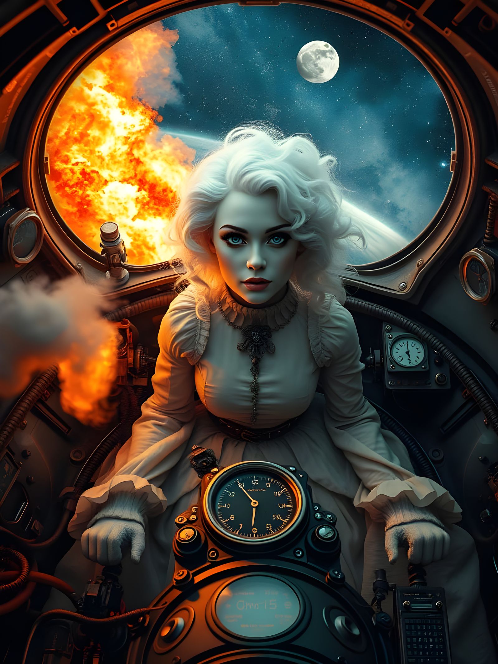 Steampunk Astronaut in Rocket Control Room