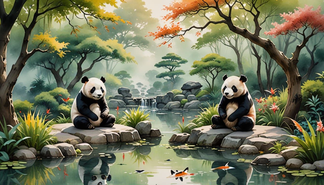 Whimsical Watercolor Pandas in a Serene Zen Garden