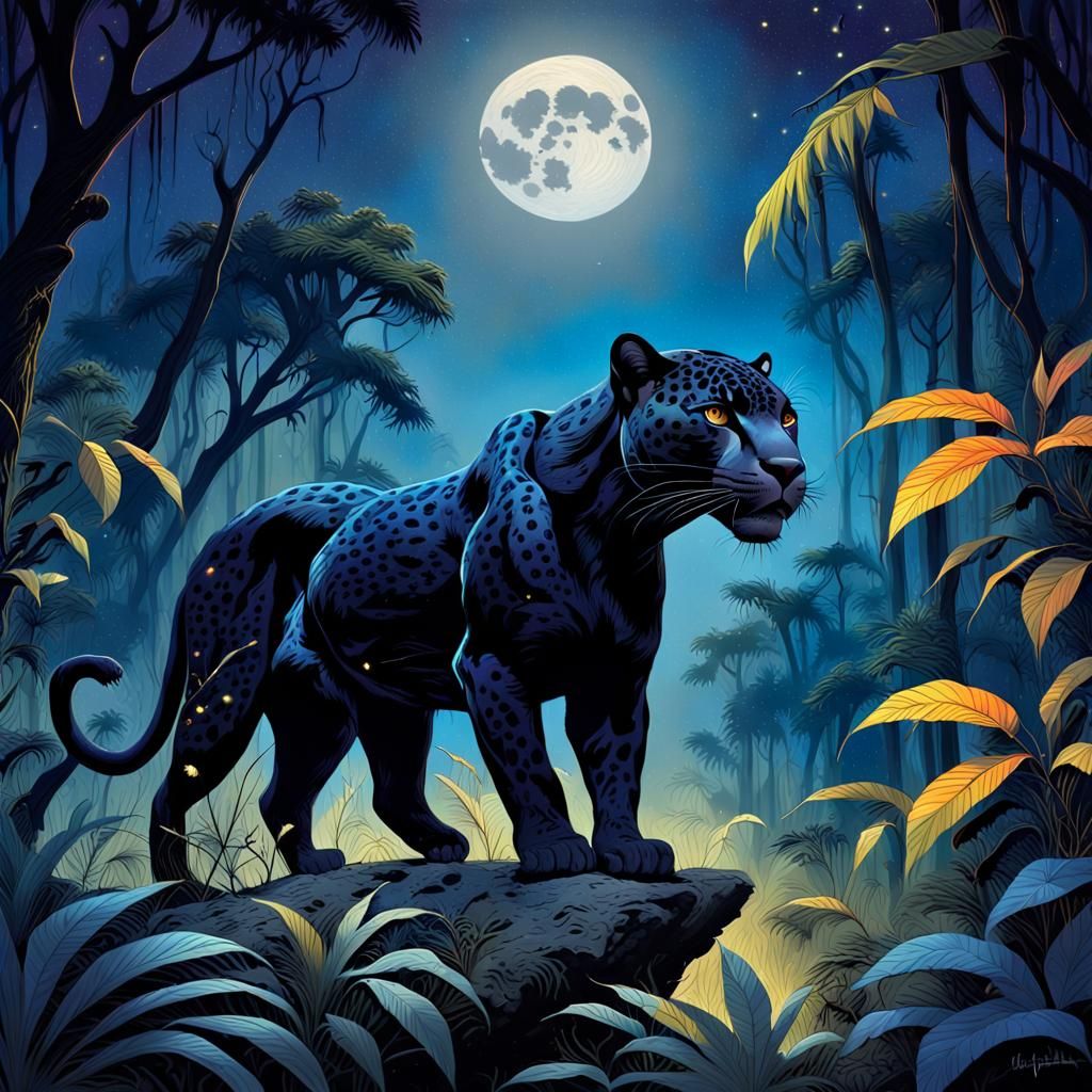 Abstract art: A black jaguar in the jungle