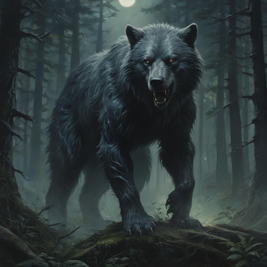 Frightening Bear-Wolf Hybrid Monster in Dark Fantasy Art