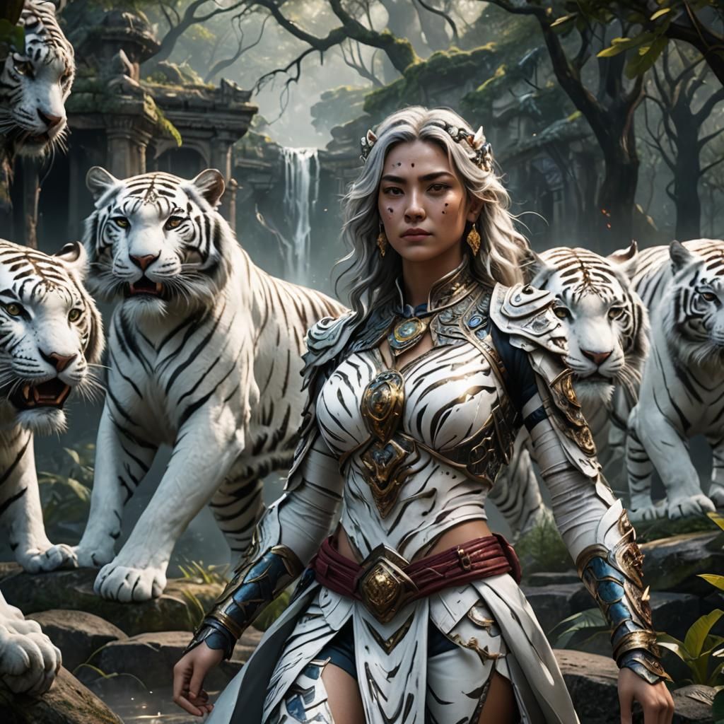 White Tiger Woman in Detailed Matte Painting