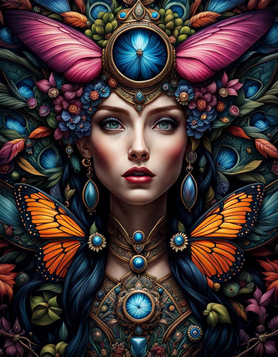 Detailed Fairy Portrait with Fantasy Creatures