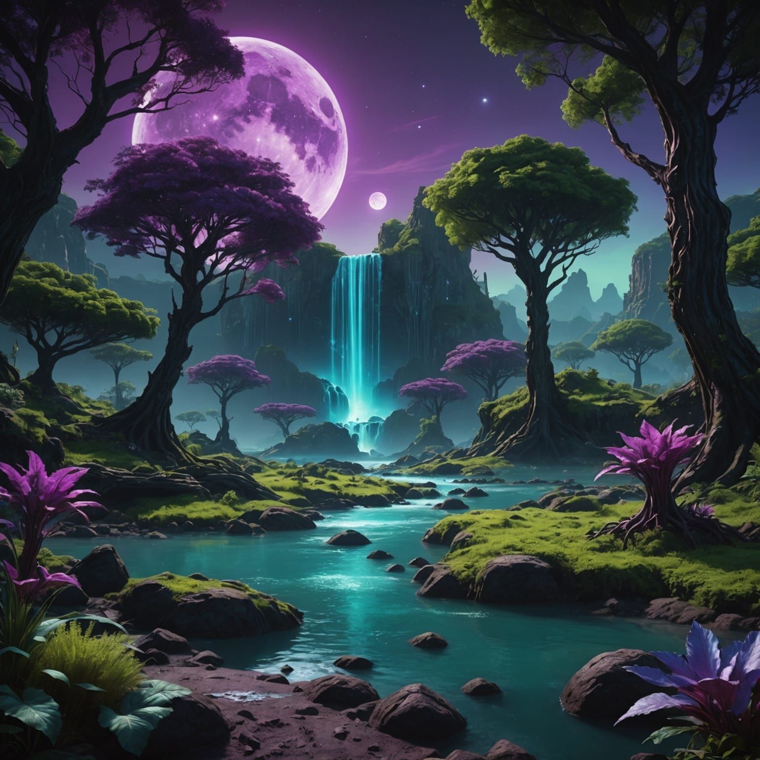 Exotic Alien Landscape with Bioluminescent Flora