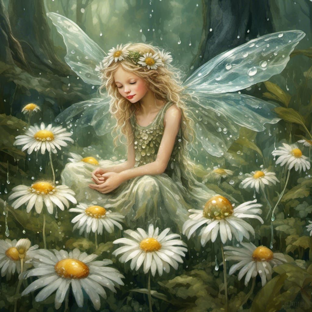 Sparkly Fairy Shelters Under Daisy: Dreamy Watercolor Art