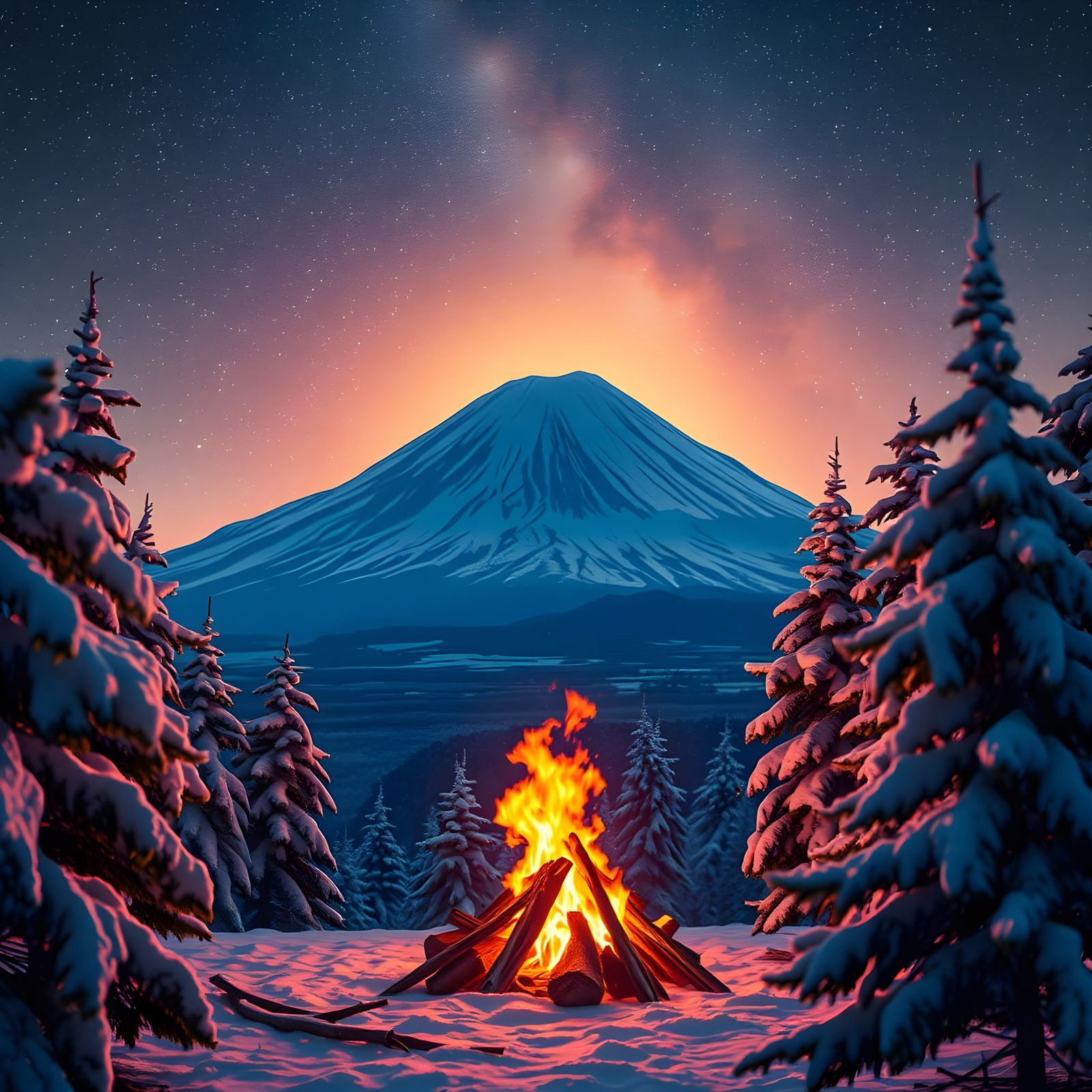 Mount Fuji Illuminated by Fiery Blaze under Starry Night Sky