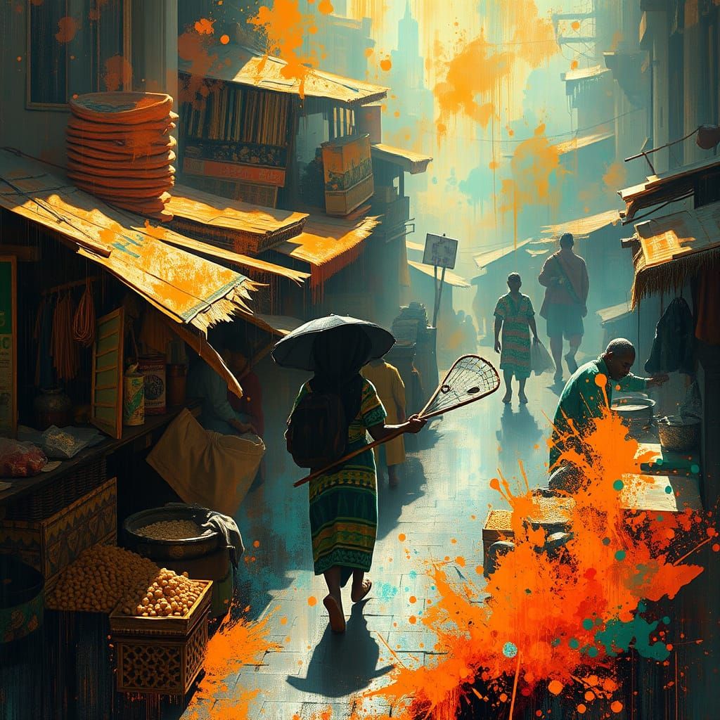 Vibrant African Market Scene in Triadic Colors