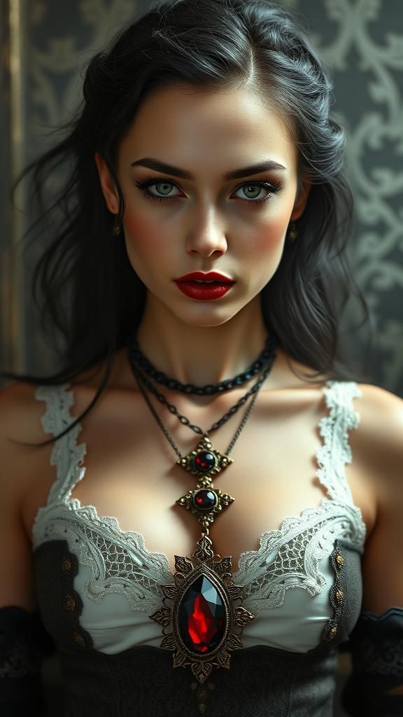 Gothic Woman with Emerald Eyes in Dark Romanticism Style