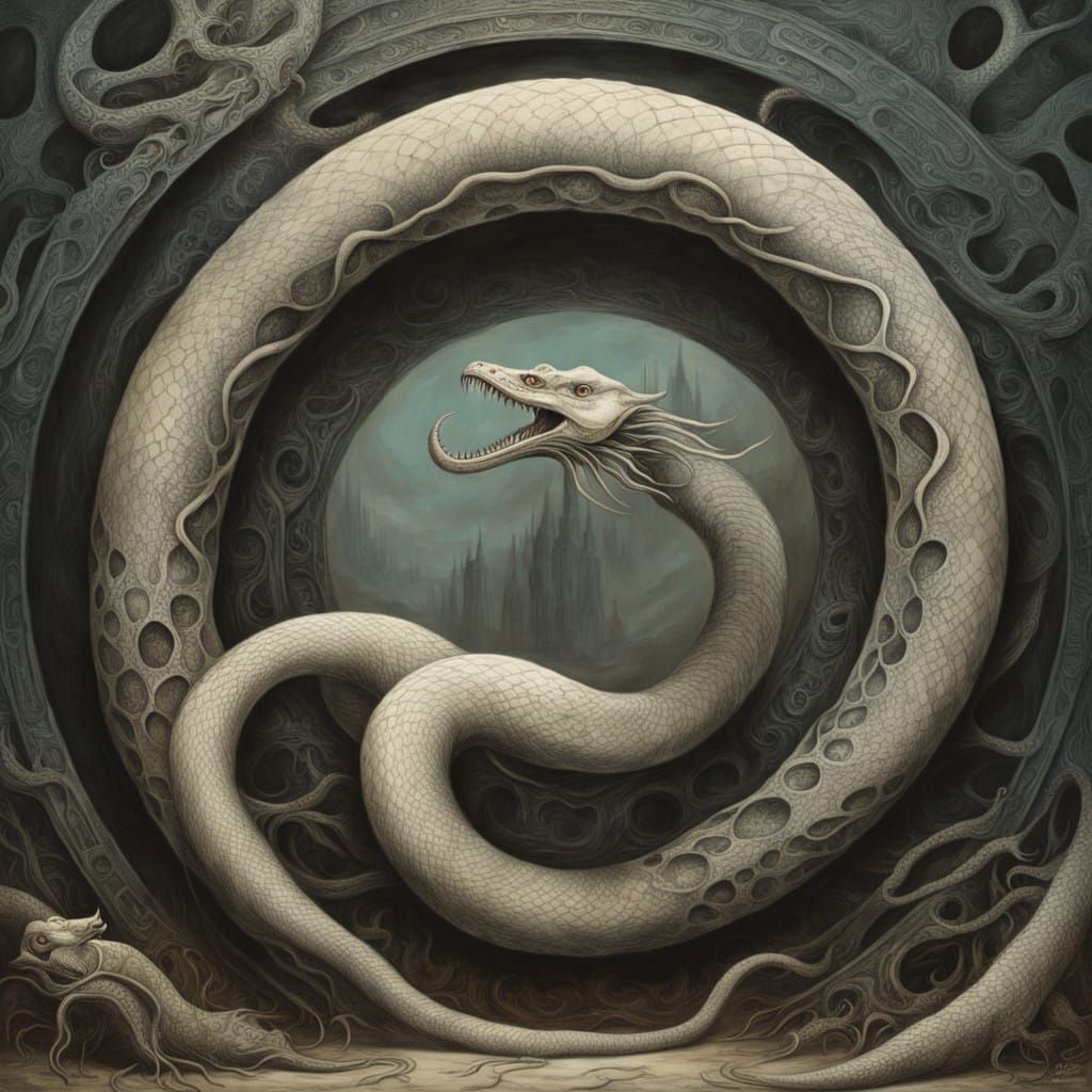 Surrealist Ouroboros in a Dreamlike, Biomechanical Landscape