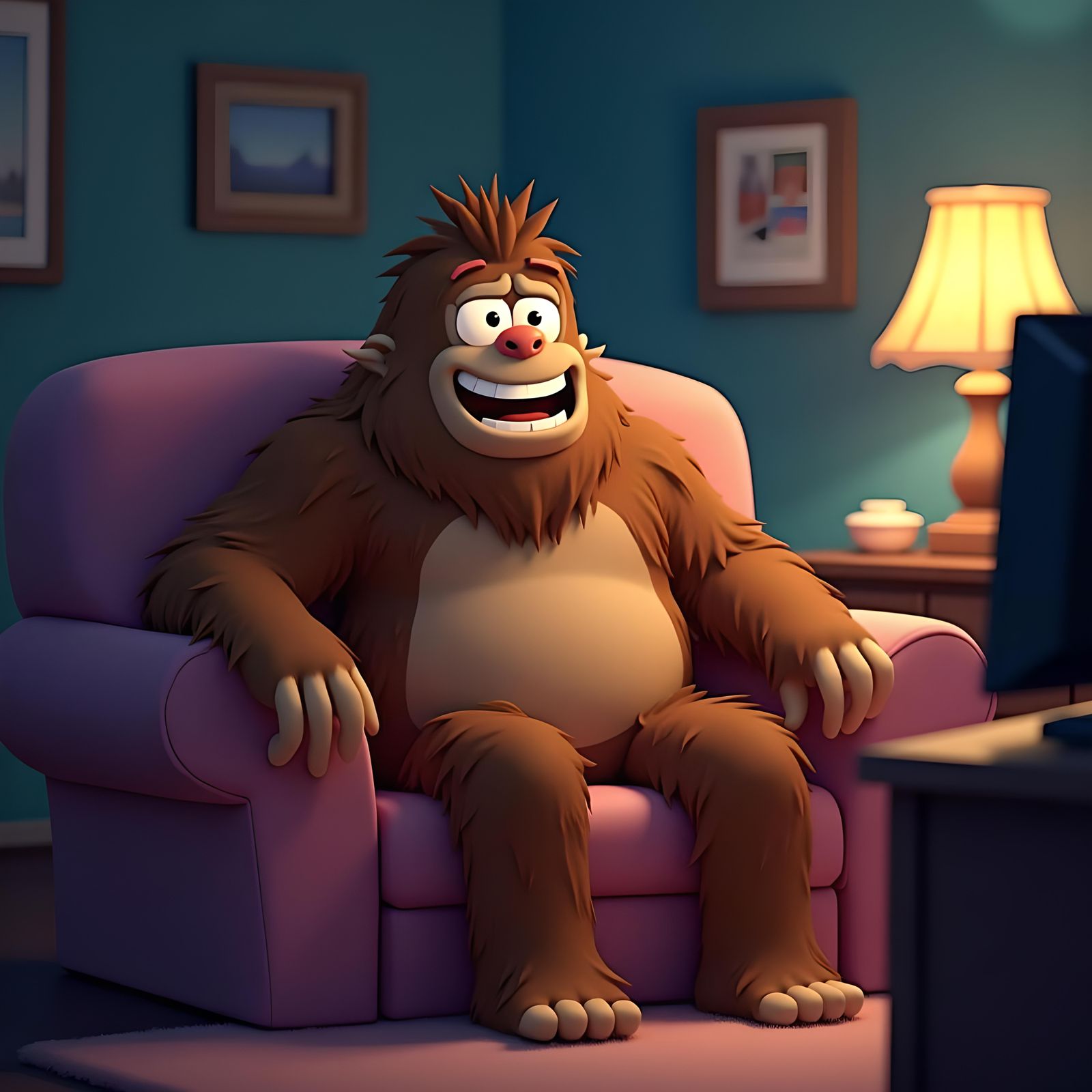 Happy Cartoon Sasquatch Watching TV in Living Room