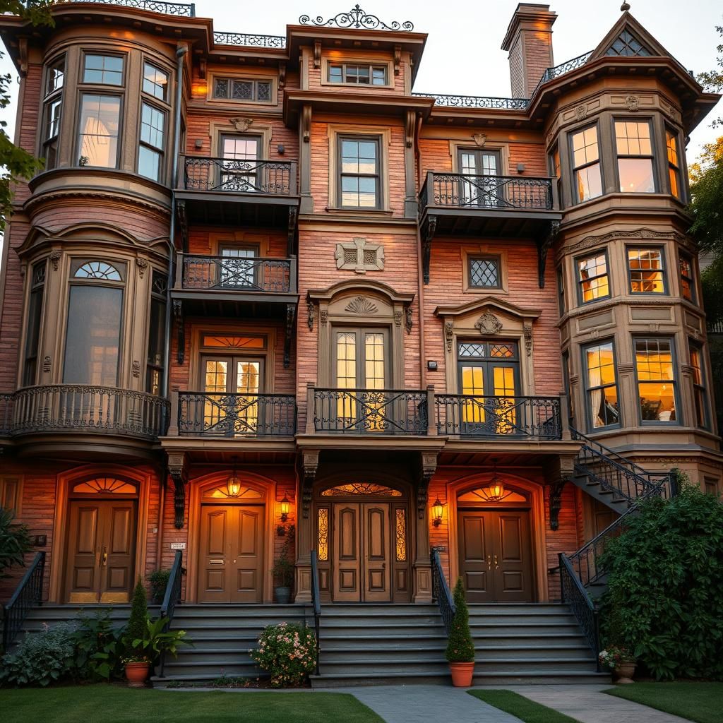 Eclectic Multistoried House Exterior in Golden Light