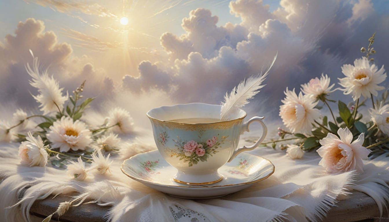 Dreamy Watercolor Teacup in Soft, White Clouds