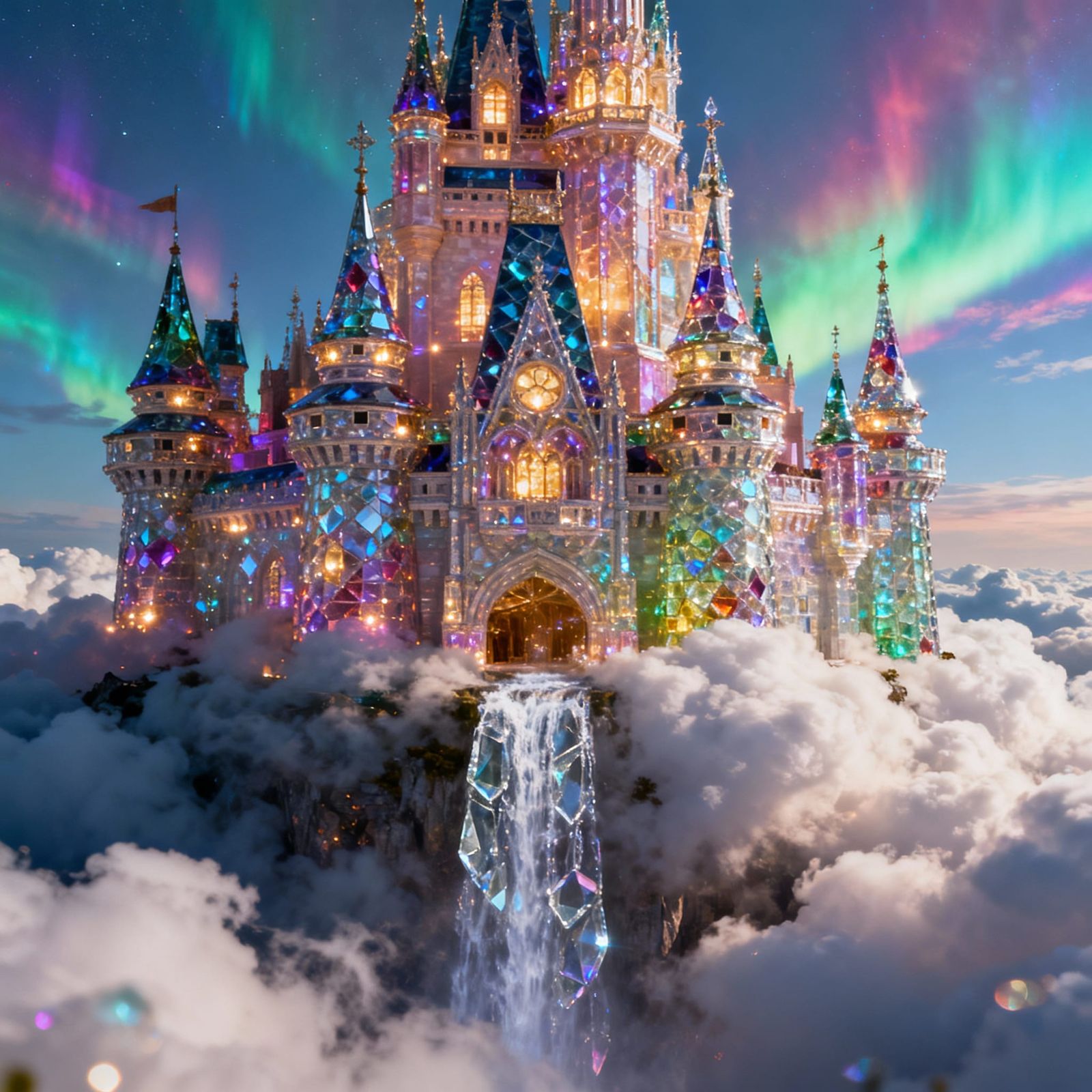 Intricate Glass Castle Above Clouds in Aurora Sky