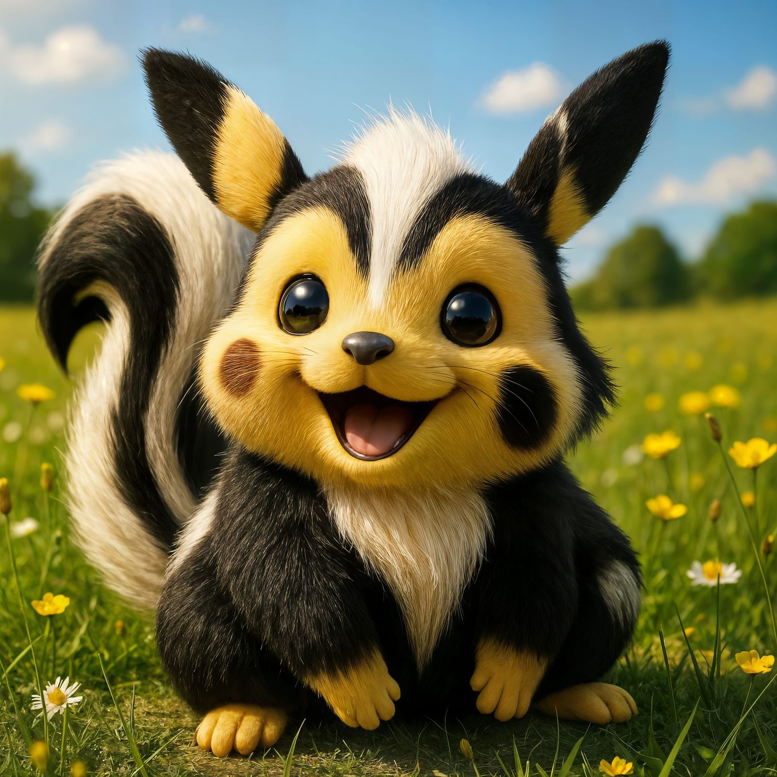 Happy CGI Pikachu Skunk in Sunny Field