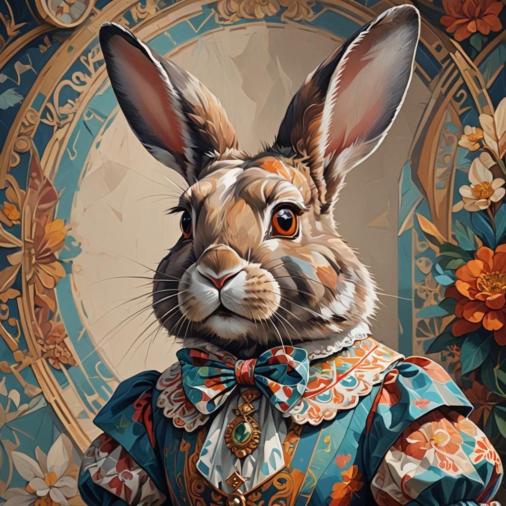 Bunny in 1800s Dress, Picasso Style Portrait