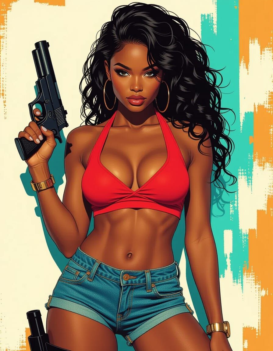Dynamic Comic Book Cover Art of a Woman with Handgun