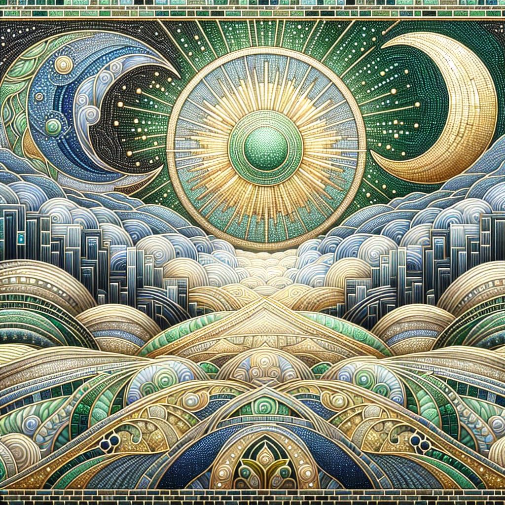 Art Deco Mosaic Landscape with Sun and Moon