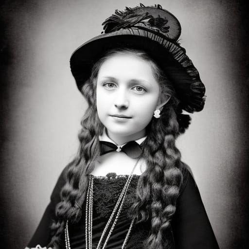 Victorian Girl with Crow in Black and White