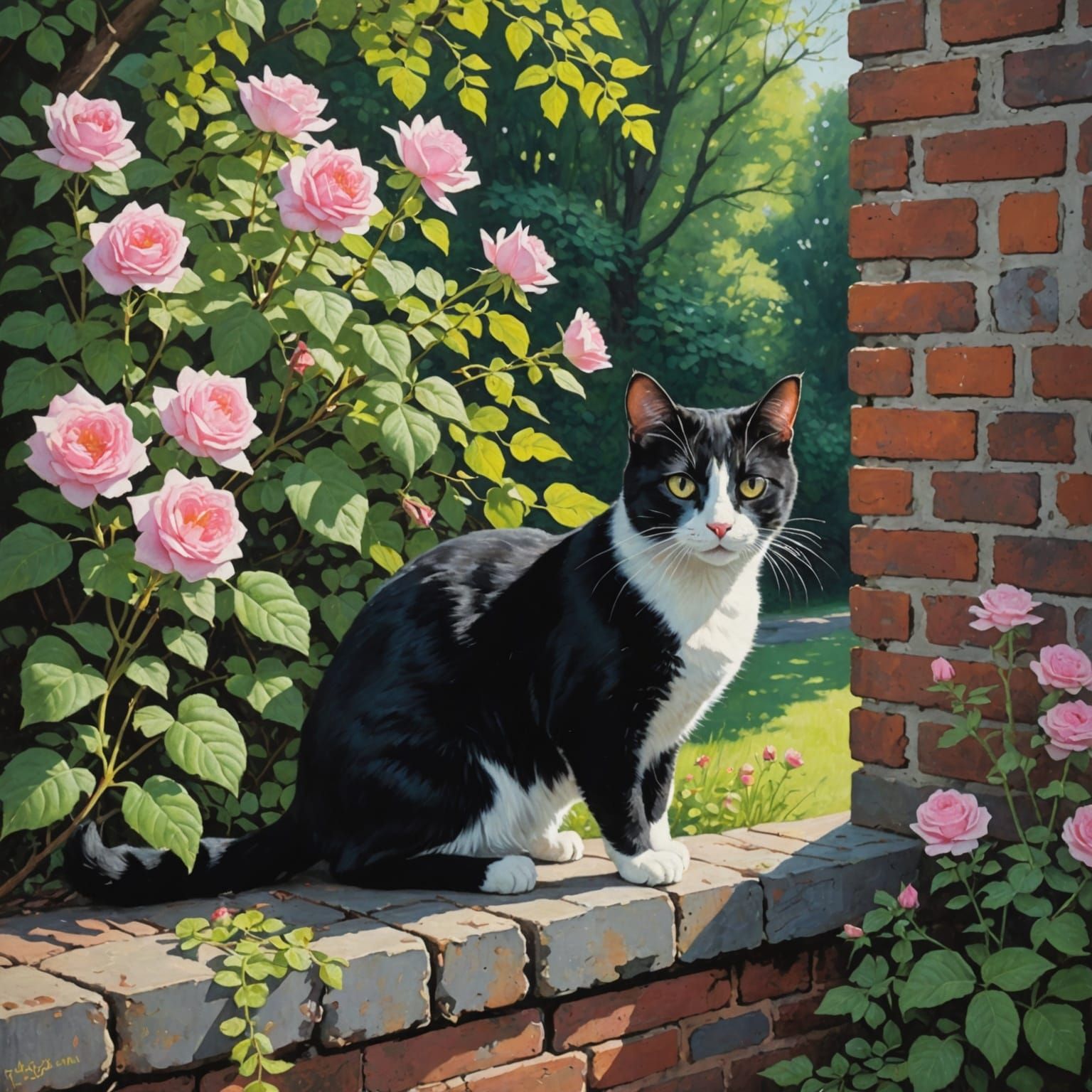 Luminist Painting: Black and White Cat in Garden