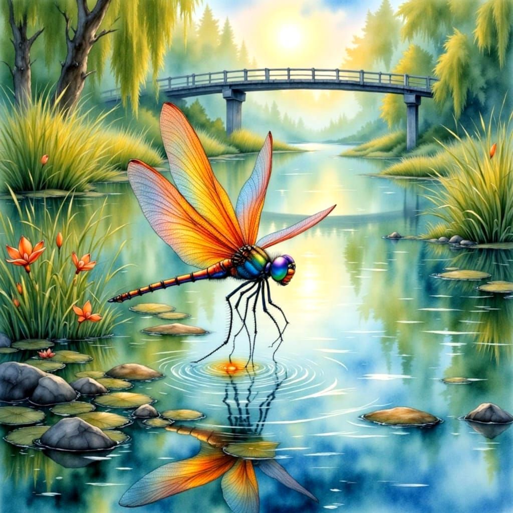 Surreal Close-Up of Iridescent Dragonfly in Dappled Lake Lig...
