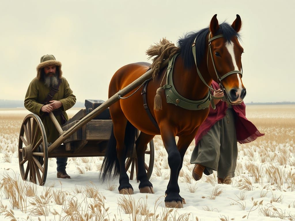 Medieval Peasant Plowing Field in Snowy Landscape