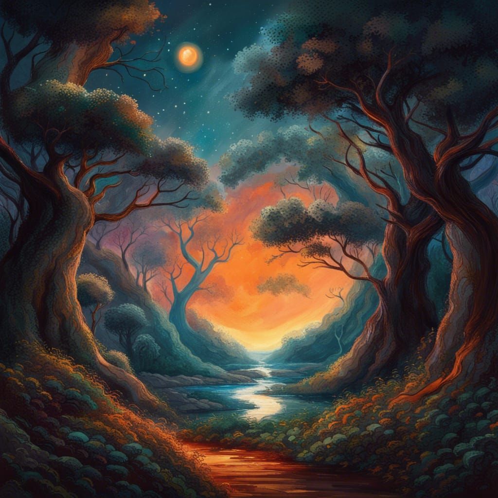 Enchanted Forest Planet with Orange Moon