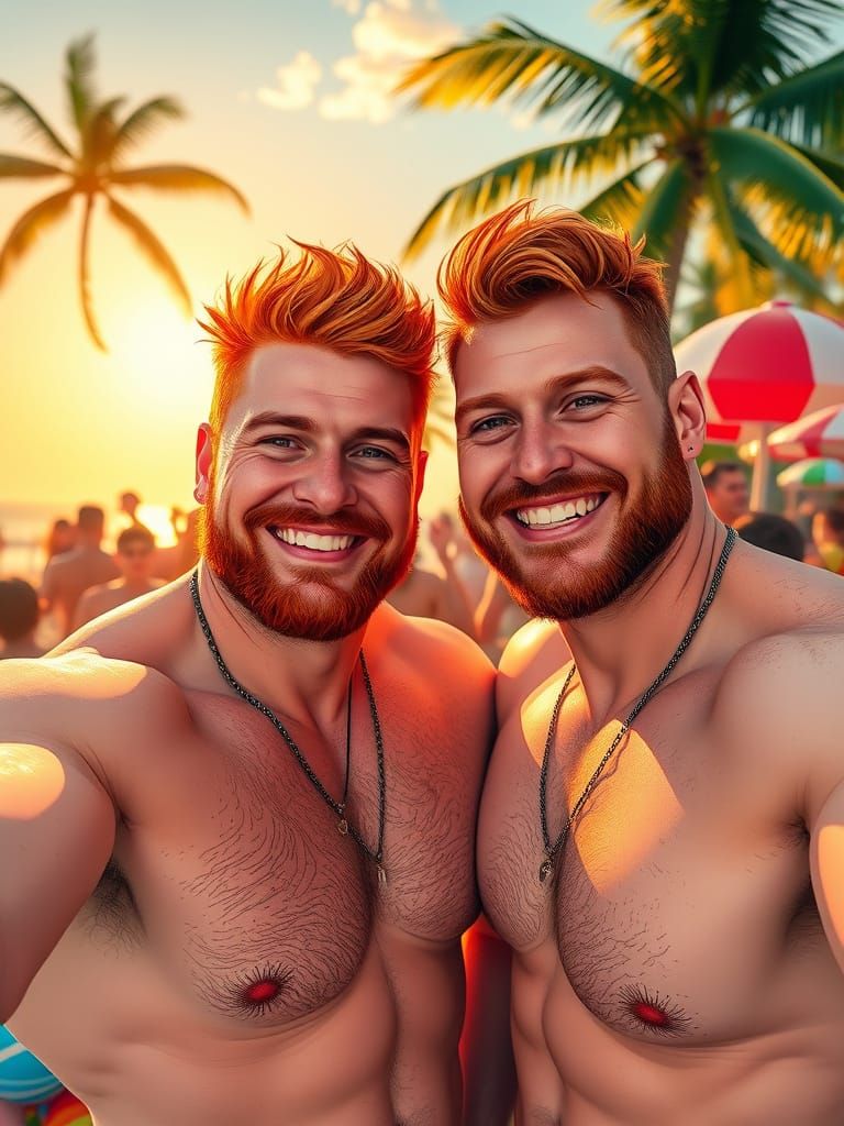 Two Handsome Men Share a Joyful Moment at a Vibrant Beach Pa...