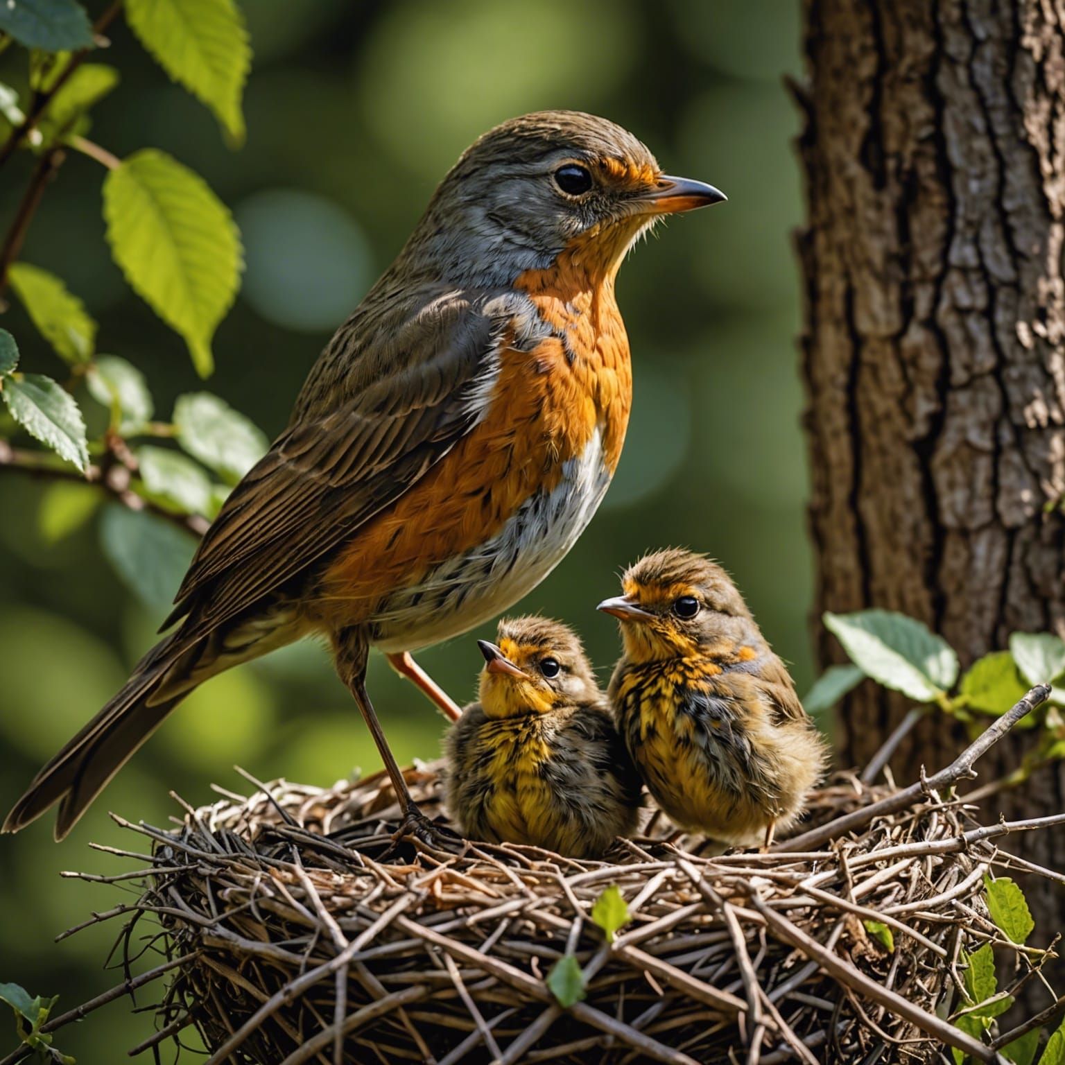 Mother Robin and Chicks in Stunning Detail