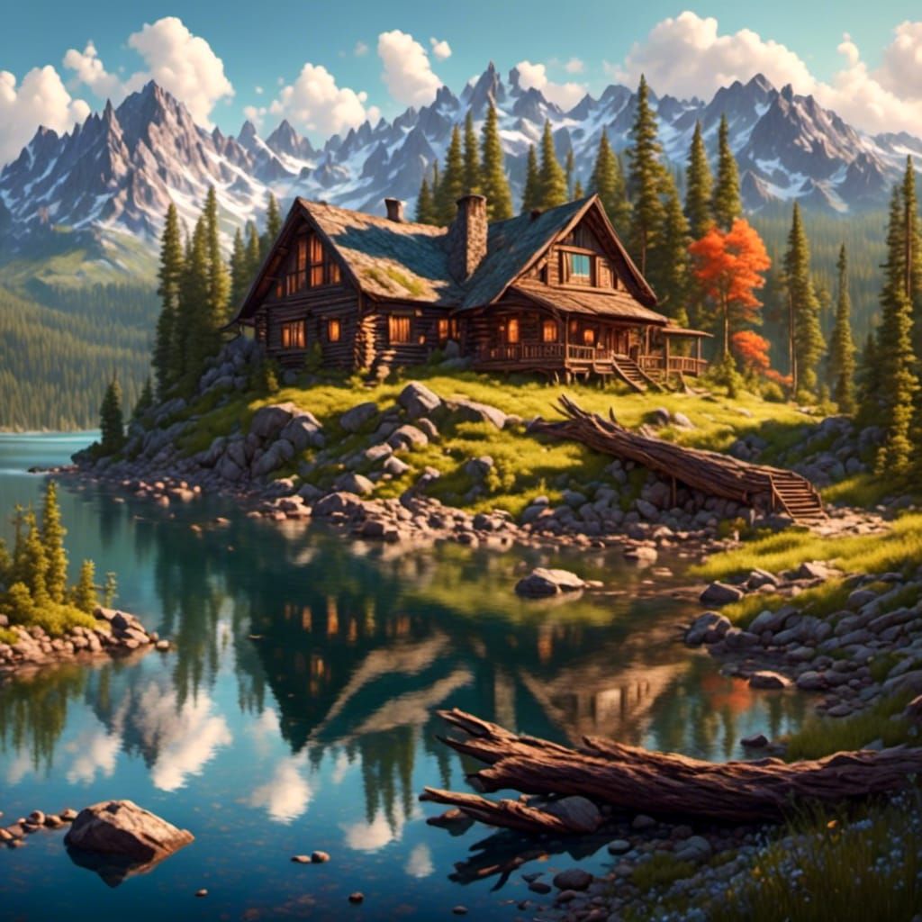<lora:Wilderness:1.0> Large lake, forest, mountains. Large log cabin on hill overlooking lake.