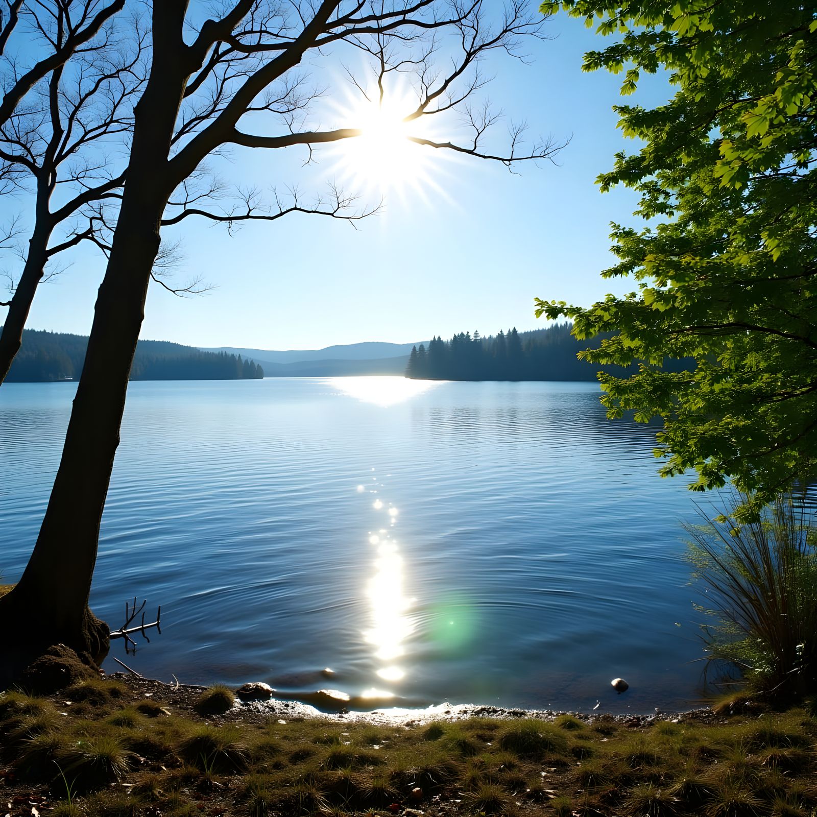 Sunlit Lakeside Scene with Reflections