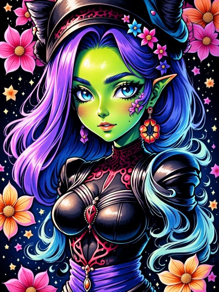 Goblin Chic in Vibrant, Hand-Drawn Cartoon Style