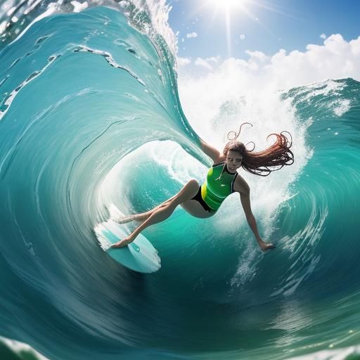 Surfer Rides Ocean Wave in Vibrant Sunlight